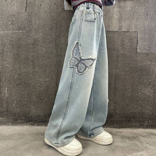 女童秋冬加绒加厚直筒牛仔裤大童阔腿裤女孩春秋休闲蝴蝶长裤时髦