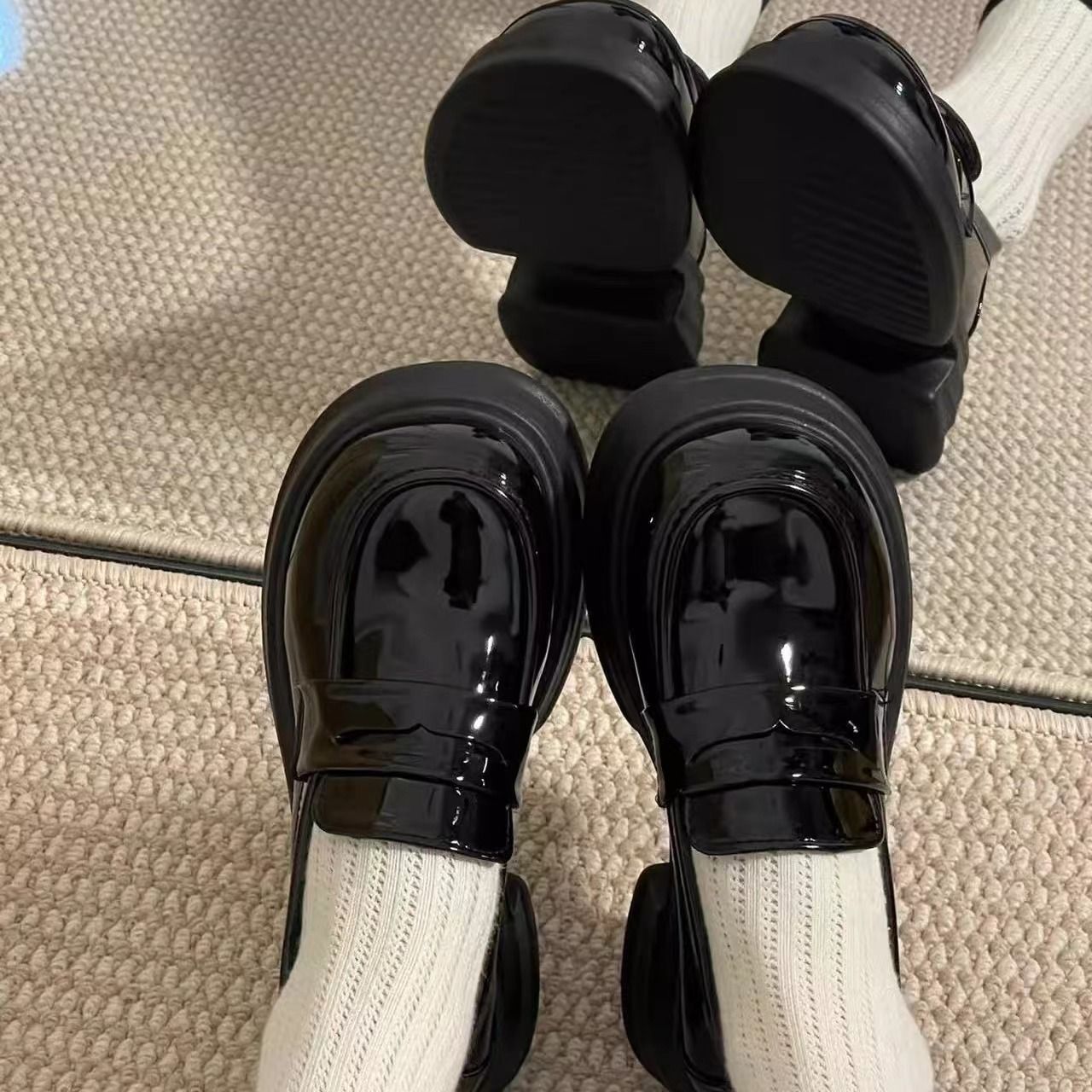 韩版黑色厚底乐福鞋女新款百搭超软一脚蹬单鞋玛丽珍小皮鞋