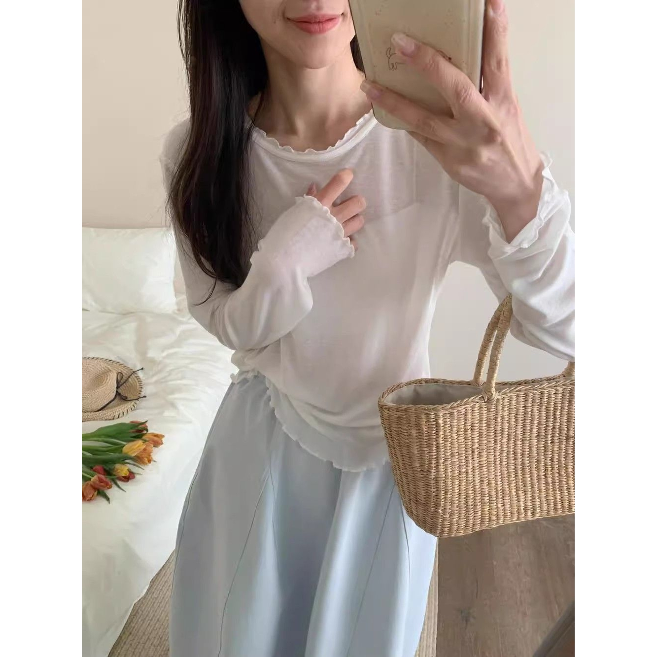 韩系甜美百搭木耳边长袖卷边T恤女春夏款薄款显瘦防晒打底衫上衣