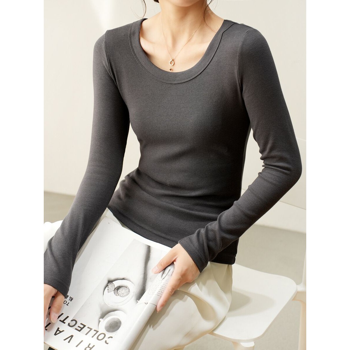 甄选纯棉U领T恤女长袖2026秋季新款宽松显瘦高级感体恤上衣打底衫