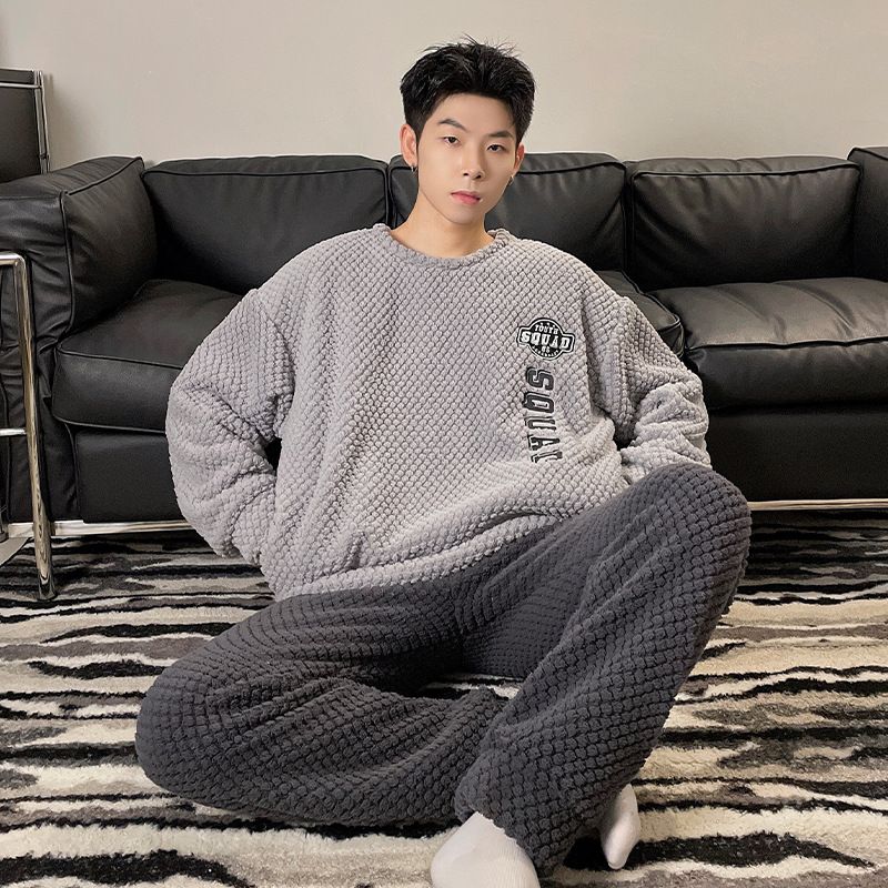 2025年新款法兰绒睡衣套装男秋冬季款加绒加厚珊瑚绒家居服可外穿