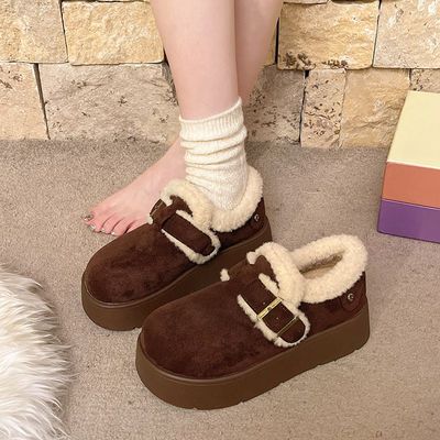 韩版厚底加绒毛毛鞋外穿女2025秋冬季新款圆头纯色保暖乐福棉鞋子