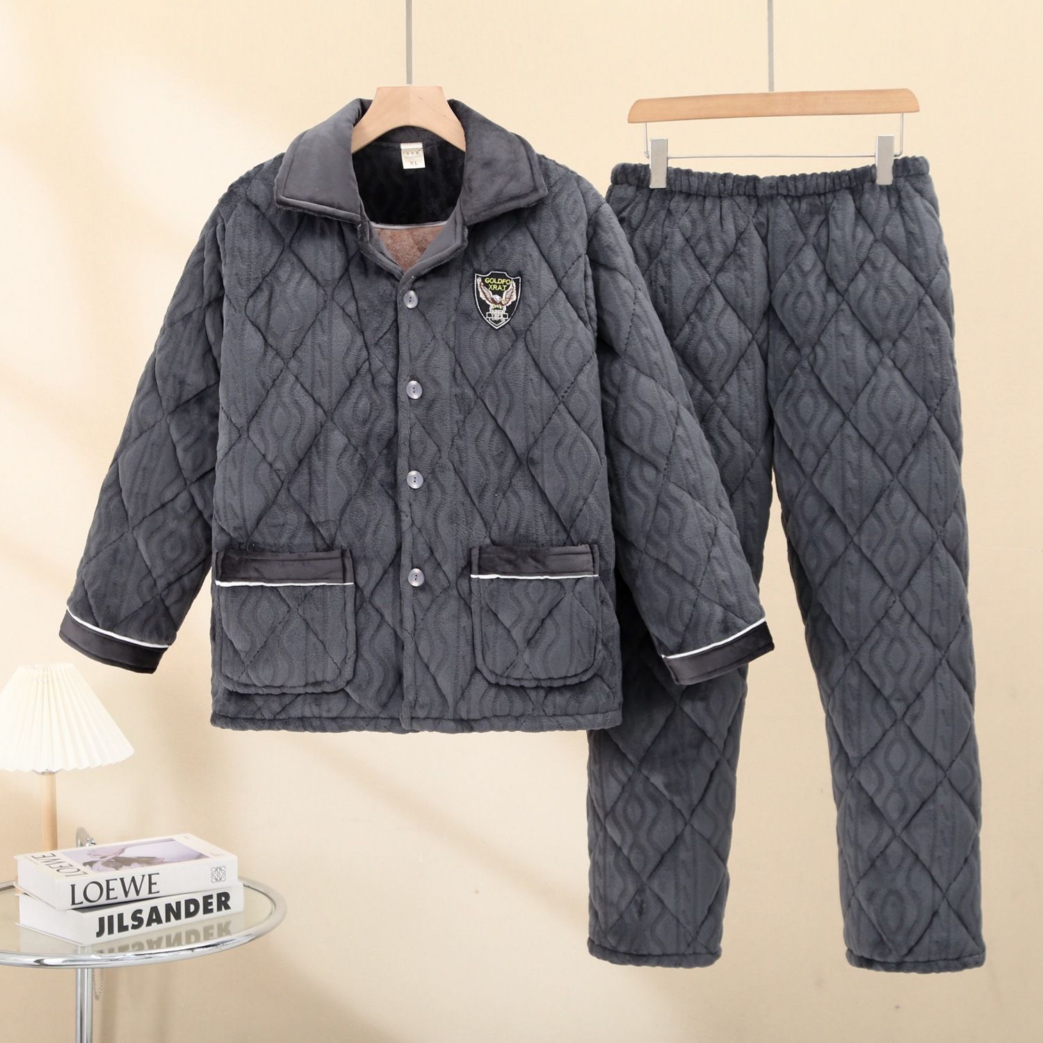 珊瑚绒睡衣男冬季加厚款加绒三层夹棉袄冬天加棉可外穿家居服套装