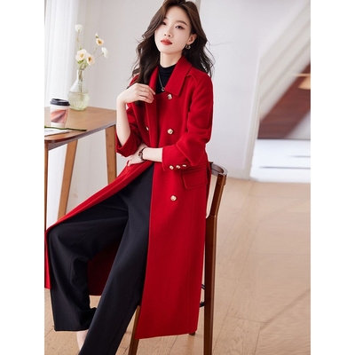 红色双面羊绒呢子大衣女年秋冬新款高级感中长款羊毛外套风衣