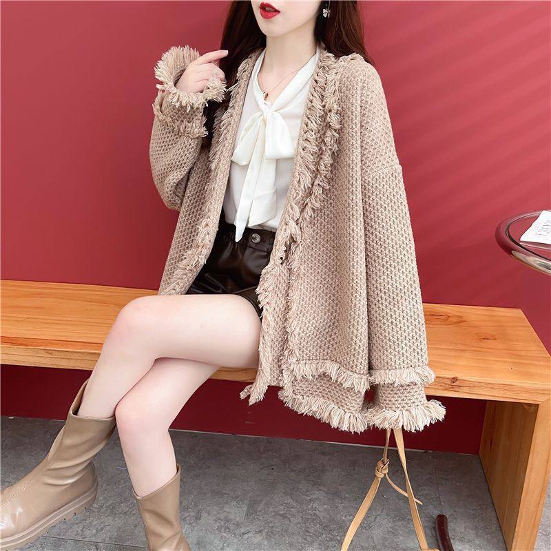 针织开衫女秋冬季新款宽松百搭上衣长袖中长款慵懒风流苏毛衣外套