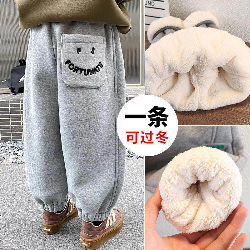 男童春秋宽松卫裤儿童厚绒裤子春秋加绒加厚休闲裤男孩一体绒裤子