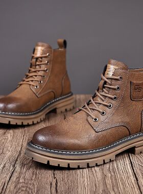 马丁靴男士春秋季新款中帮工装靴英伦风男靴时尚潮流男鞋