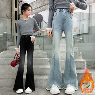 女童喇叭裤秋冬2025新款加绒加厚冬季大童微喇牛仔裤冬天儿童裤子