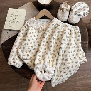 秋冬花边儿童睡衣加绒加厚碎花 套装 女童宝宝秋冬季 保暖家居服新款