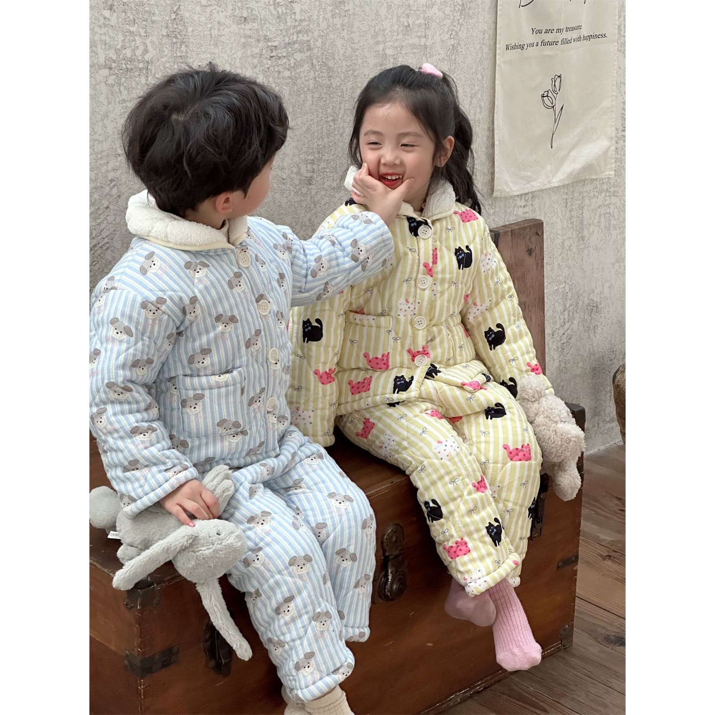 儿童夹棉加厚加绒家居服睡衣套装冬季男女童宝宝厚实保暖羊羔绒冬