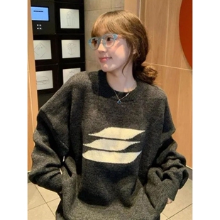 韩系简约慵懒风复古圆领黑色套头毛衣女秋冬季针织衫宽松长袖上衣