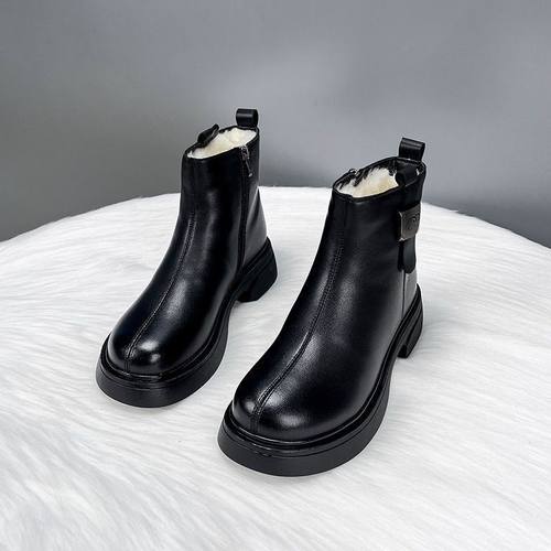 韩版厚底加绒保暖皮靴短筒百搭马丁靴圆头舒适防水女冬妈妈鞋