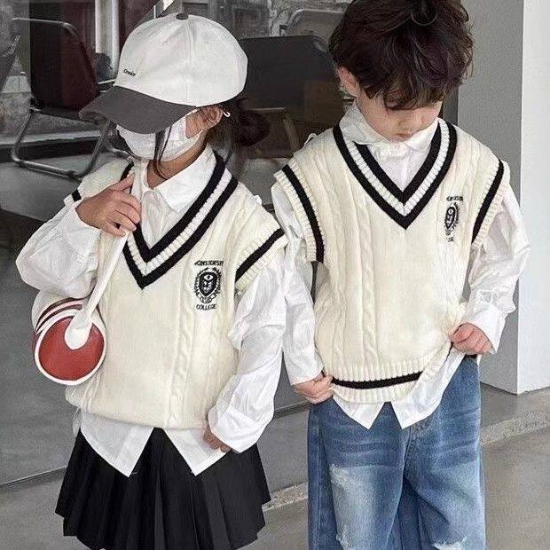 中小男女童学院风针织马甲秋季新款儿童洋气撞色外穿无袖毛衣背心