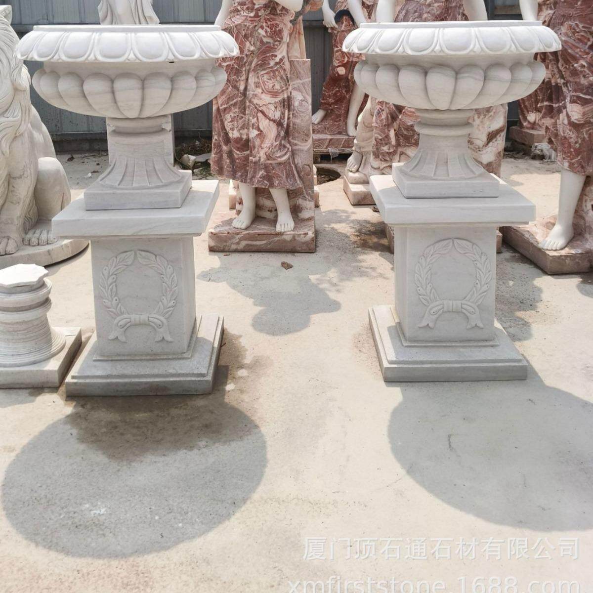 欧式大理石花盆景区公园花园花坛天然玛莎白花钵户外广场石雕花盆