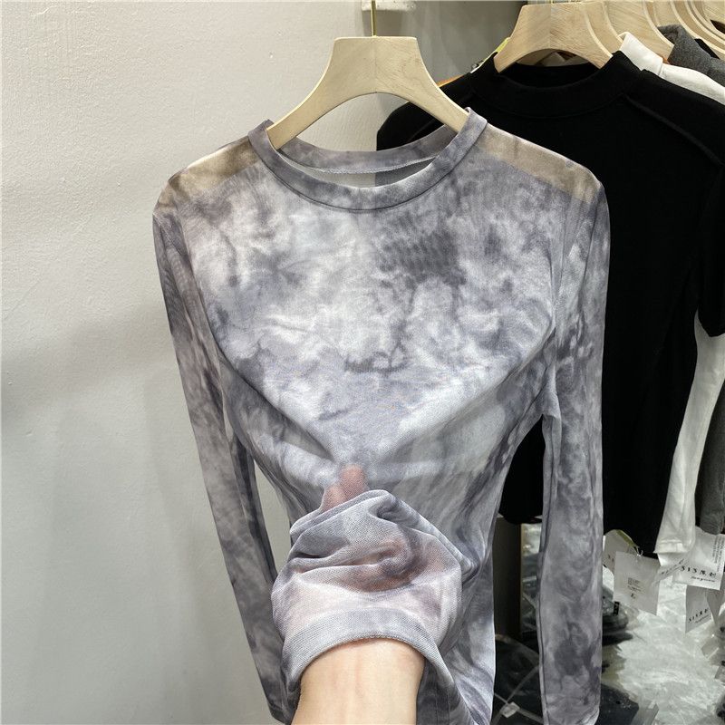 晕染水墨印花薄款冰丝网纱长袖T恤女夏季微透打底衫防晒罩衫上衣