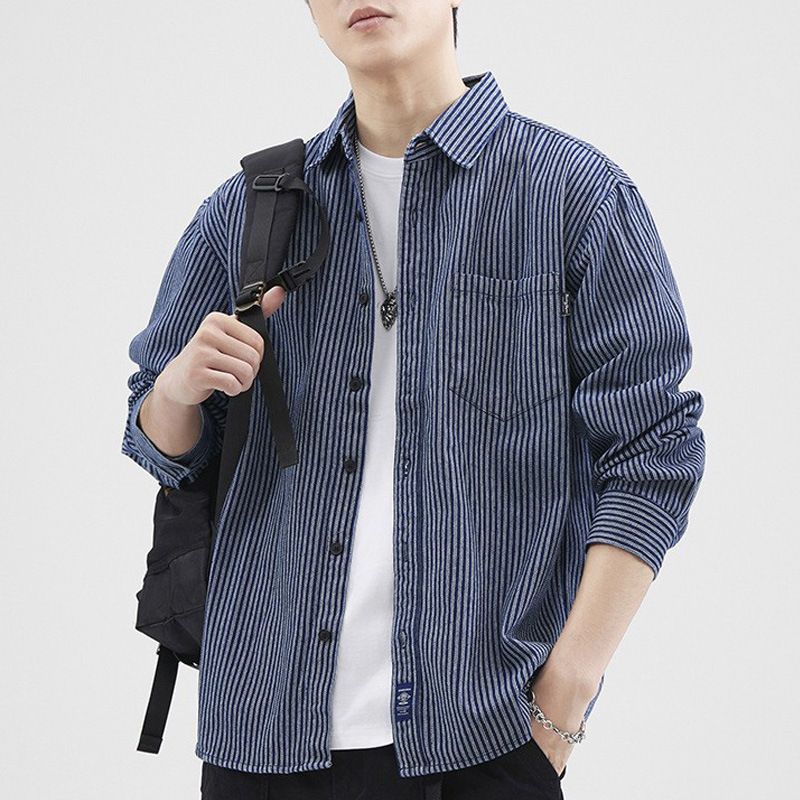 男装新款条纹衬衣外套男士长袖休闲上衣百搭牛仔衬衫男春秋款