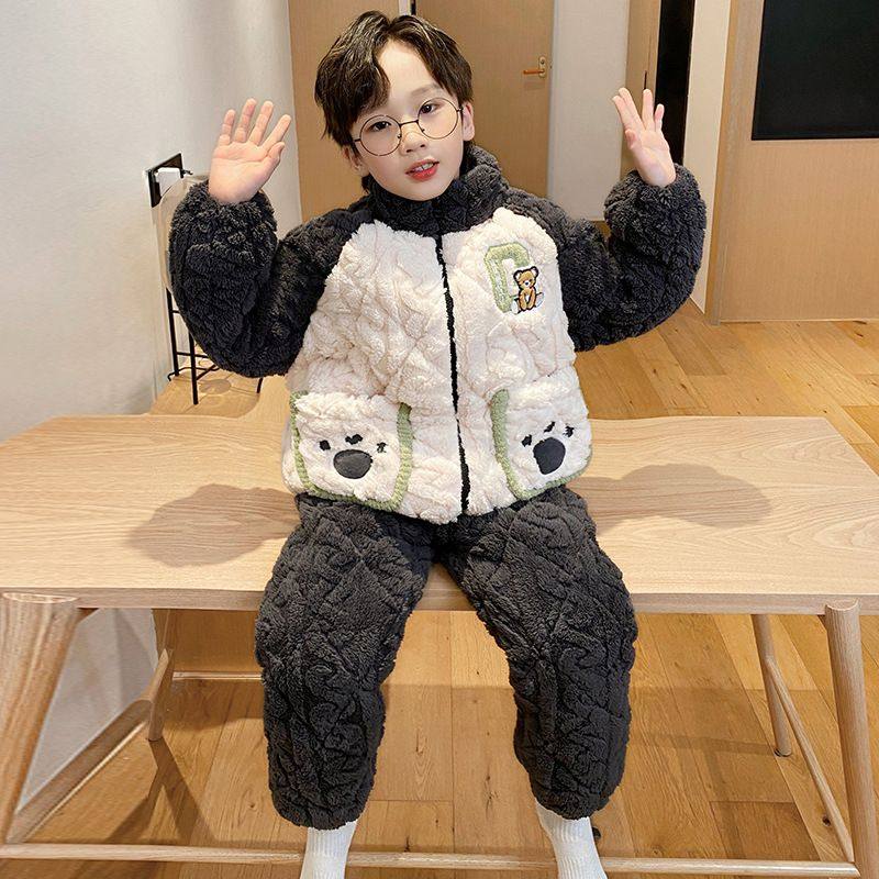 冬季儿童睡衣男孩法兰绒夹棉三层珊瑚绒加厚加绒中大童男童家居服