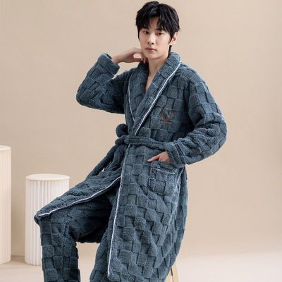 睡衣男冬季加绒加厚珊瑚绒浴袍套装保暖男士睡袍法兰绒春秋季裤子