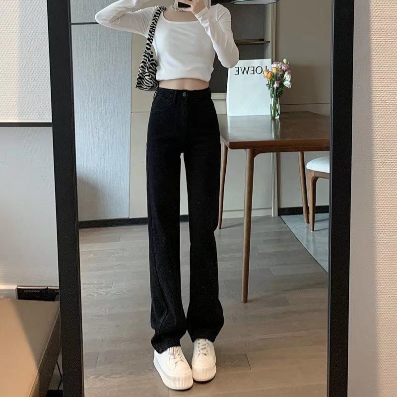 黑色高腰阔腿牛仔裤女秋冬宽松显瘦百搭垂感直筒拖地裤学生ins潮