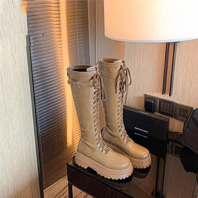 复古松糕厚底长靴女秋季新款韩版网红时尚高筒靴前系带时装鞋