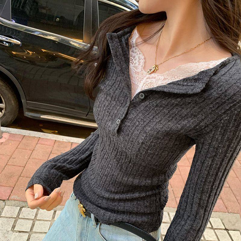 商场实拍图辣妹蕾丝拼接内搭打底衫女季高级感修身长袖T恤上衣,女装/女士精品,大码内搭,淘宝优惠券,粉丝福利购,淘宝优惠卷