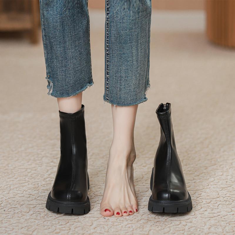 真皮短靴女粗跟2025新款春秋季弹力瘦瘦靴单靴厚底英伦风马丁靴子