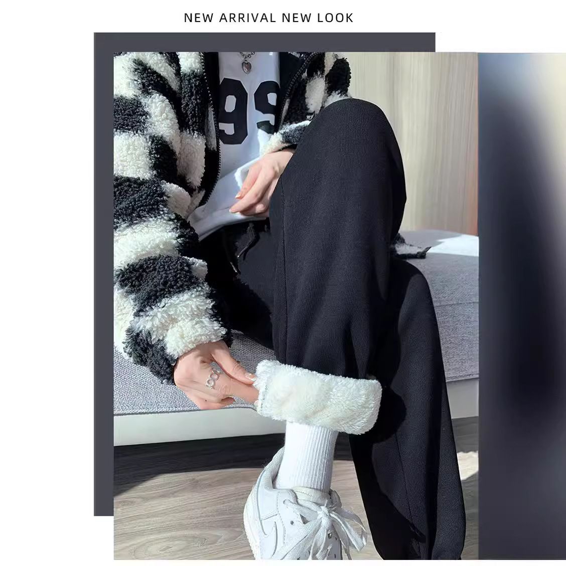 2025秋冬新款灰色加绒束腰运动裤女羊羔绒休闲宽松加厚女士卫裤