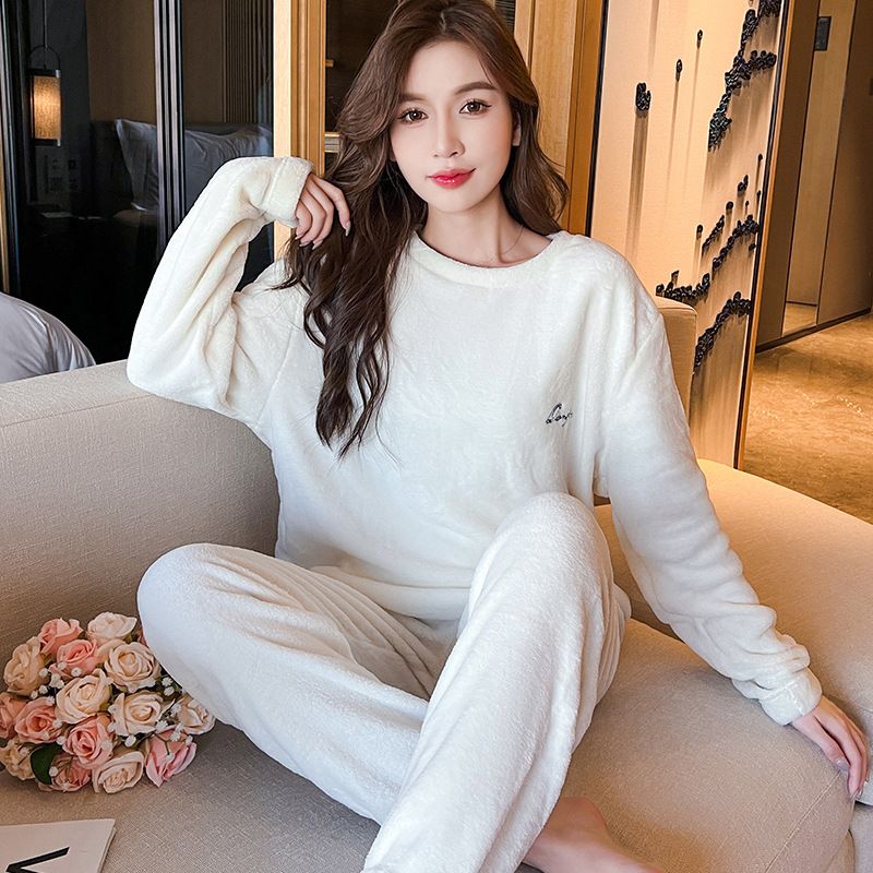 秋冬新款珊瑚绒睡衣女加绒加厚暖暖套装长袖大码保暖法兰绒家居服