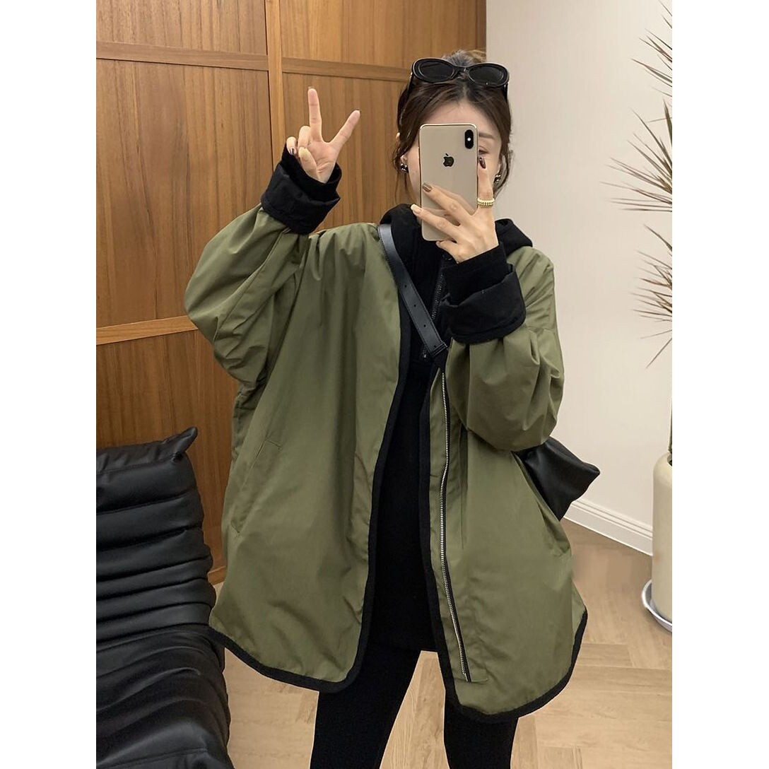 正反两面穿拉链工装风衣外套女冬季高级感百搭时尚薄款棉服潮