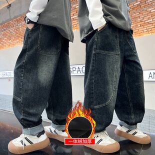 男童加绒加厚牛仔裤子中大童秋冬新款宽松直筒阔腿长裤休闲老爹裤