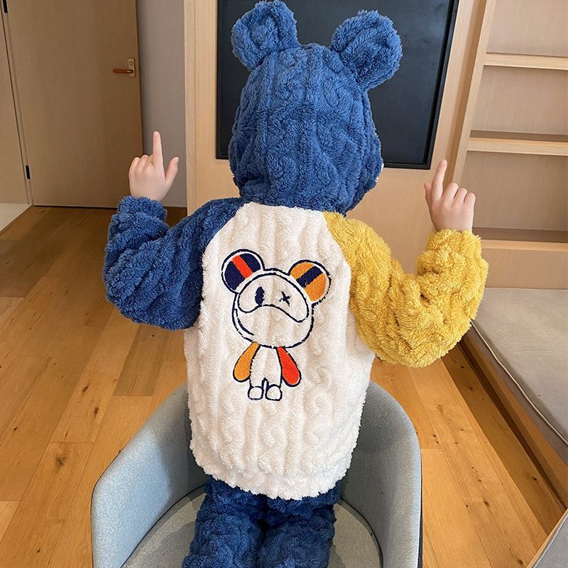 男童睡衣秋冬季珊瑚绒加厚加绒男中大童儿童法兰绒套头连帽家居服