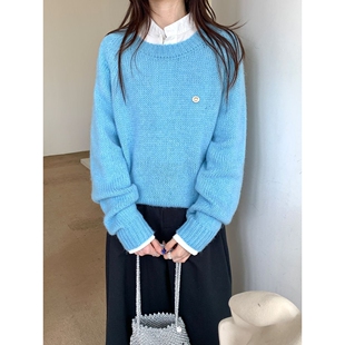 韩系软糯温柔蓝色圆领毛衣女秋冬新款慵懒风宽松百搭长袖针织上衣