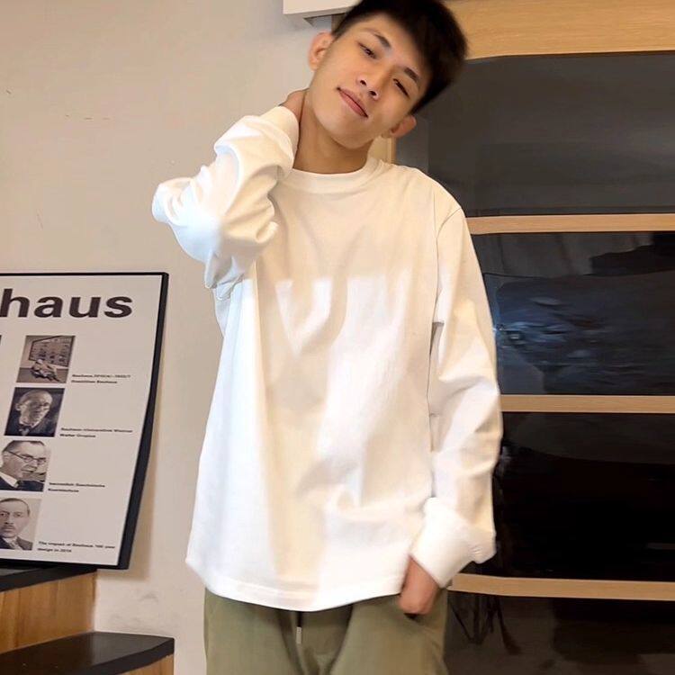 美式重磅长袖t恤男春秋纯棉纯色白色打底衫圆领卫衣男女上衣休闲