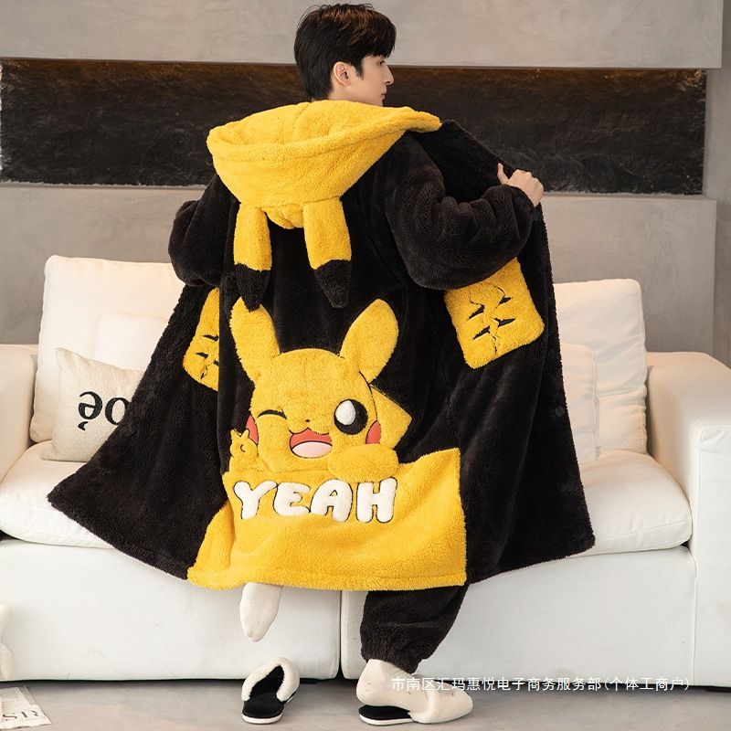 睡袍套珊瑚绒睡衣男冬季加厚加绒青少年初中学生加肥加大码中长款