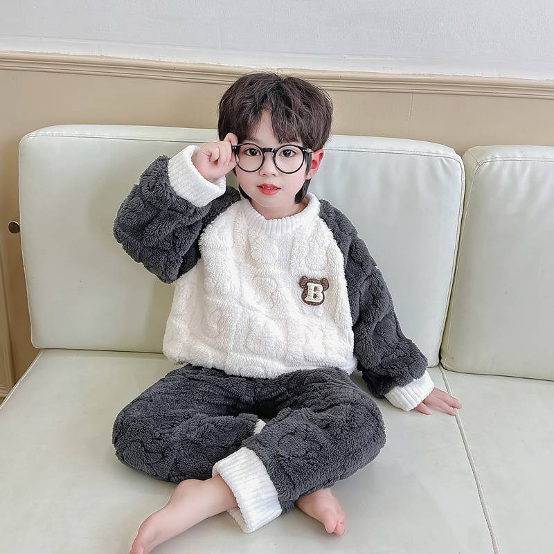 男童法兰绒睡衣秋冬季加绒男孩冬款分体加厚珊瑚绒儿童宝宝家居服