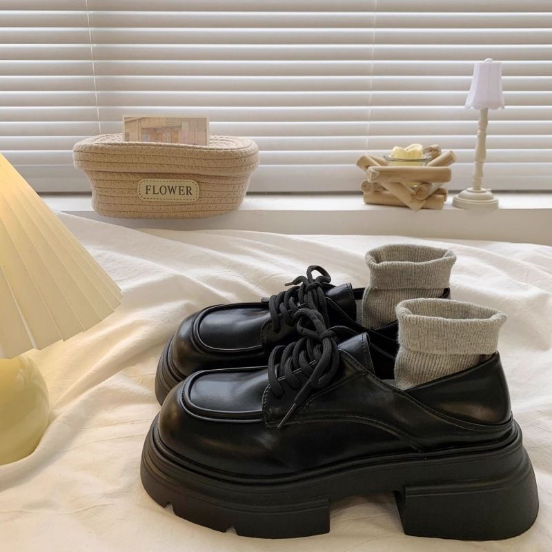 黑色厚底系带小皮鞋女秋冬季新款复古英伦学院风百搭粗跟单鞋
