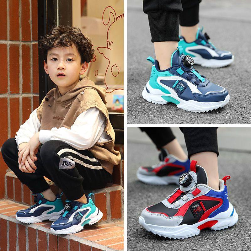 男童鞋春秋新款皮面防水男孩运动鞋旋转纽扣中大童软底跑步鞋
