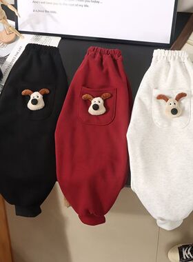 新款儿童春秋季宽松束脚卫裤男童女童可爱口袋小狗裤子宝宝秋冬裤
