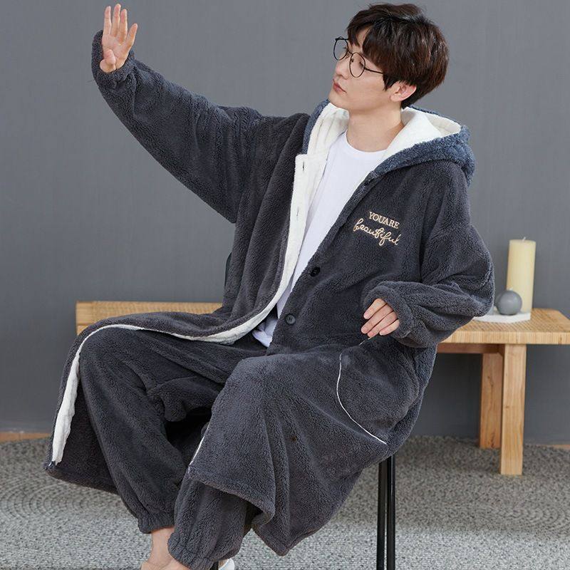 珊瑚绒睡衣男士秋冬加厚加绒睡袍特大码300斤法兰绒男浴袍冬家居