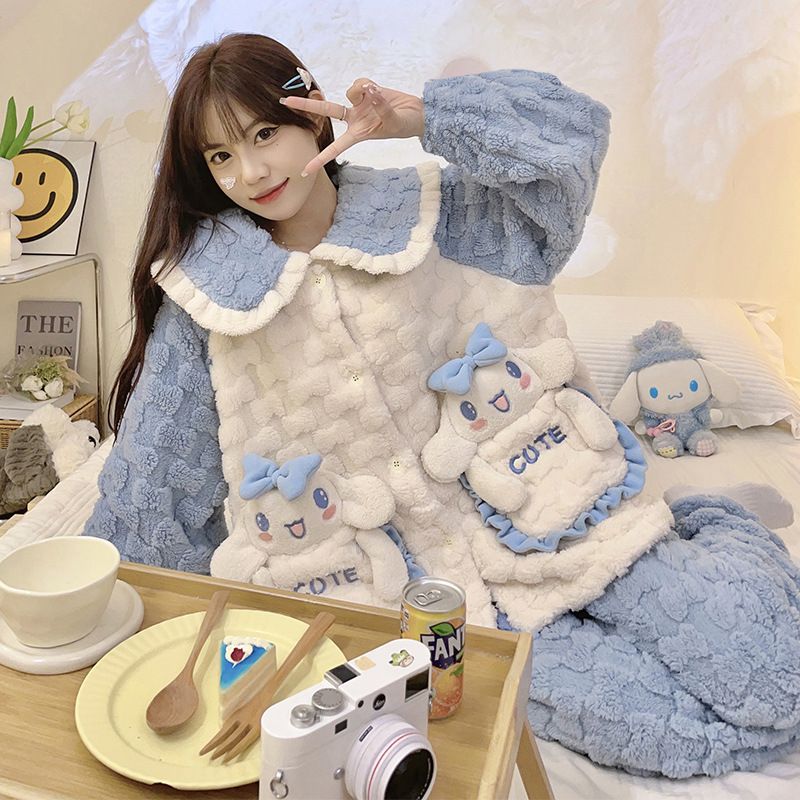 秋冬季新款法兰绒睡衣女加绒加厚保暖日系可爱风珊瑚绒家居服套装