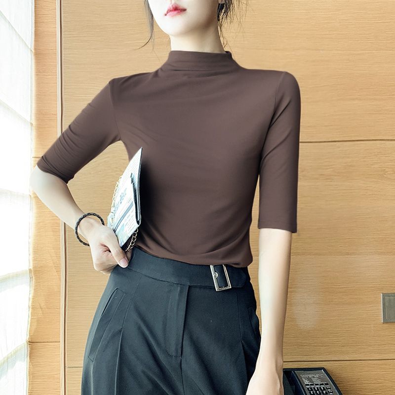 半高领打底衫女内搭中袖t恤年新款春秋季网红七分袖上衣洋气