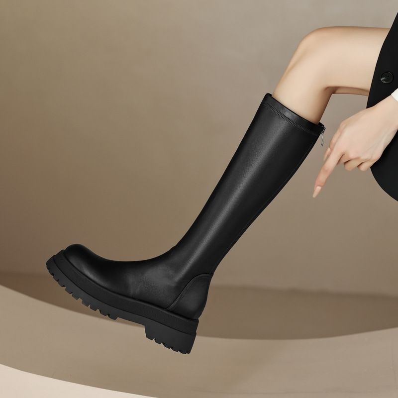 小个子厚底新款女靴高筒弹力瘦瘦靴圆头松糕跟骑士靴加绒长筒靴女