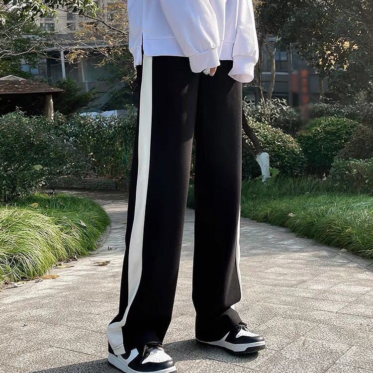 黑色加绒卫裤女直筒宽松显瘦侧边条纹冬季新款休闲裤秋季运动裤子