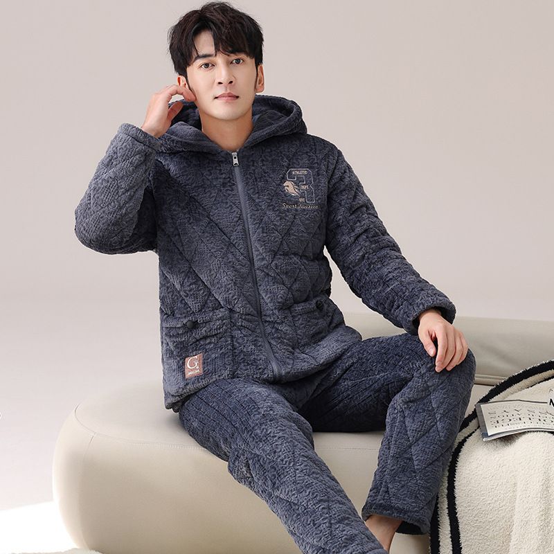 珊瑚绒夹棉睡衣男冬季加厚加绒三层连帽超厚冬款法兰绒保暖家居服