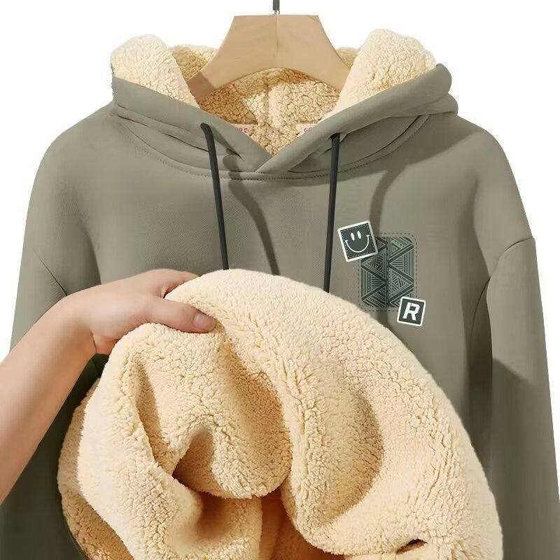 美式连帽卫衣男冬季加绒加厚保暖防寒青少年高中生重磅羊羔绒外套