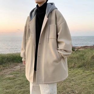 杏色中长款风衣撞色外套男秋冬青少年男士毛呢大衣时尚设计感夹克