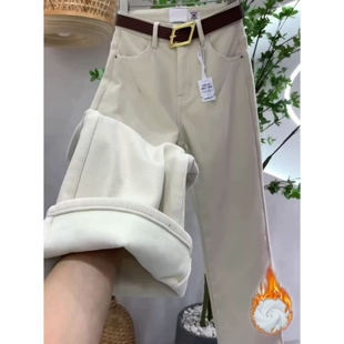 加绒牛仔裤女秋冬新款年新款宽松显瘦小个子窄版直筒长裤子