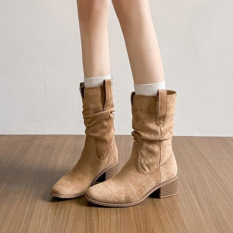 小个子内增高马丁靴女2025新款秋冬西部堆堆靴高跟中筒靴子女短靴