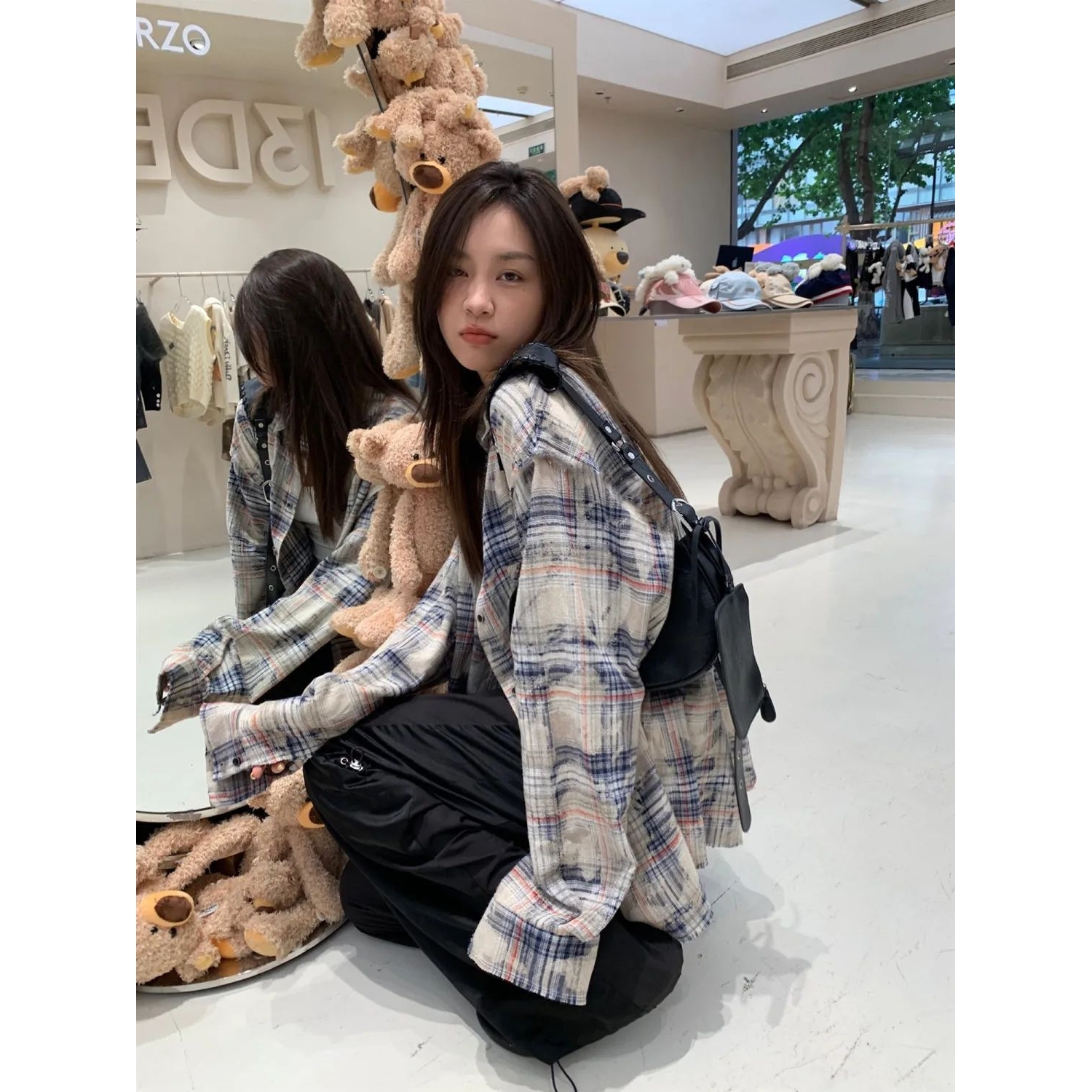 美式复古格子衬衫女春秋季新款休闲长袖宽松拼接百搭防晒外套