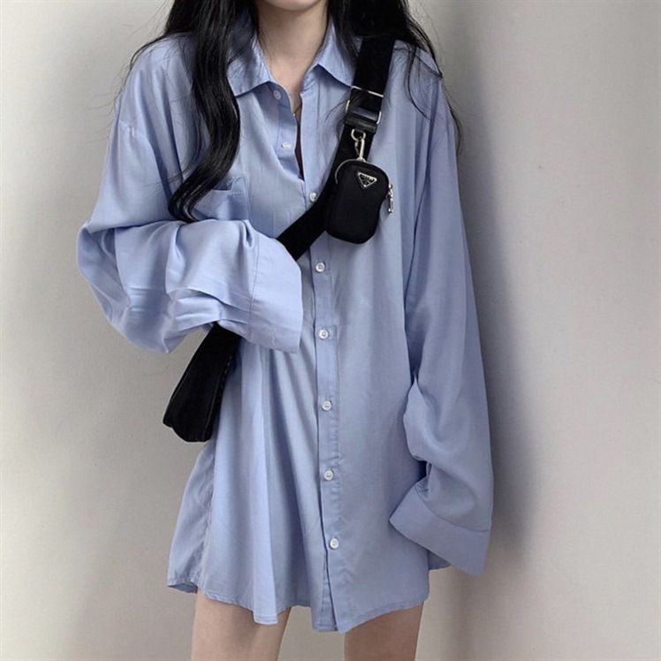 港风薄款休闲衬衫外套新款夏季垂感中长款长袖上衣宽松衬衣女